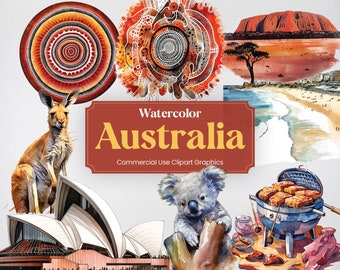 Watercolor Australia, 34 Australian Landmarks, Vacation Holiday Digital Print, Clipart PNG format Transparent Background Commercial Use