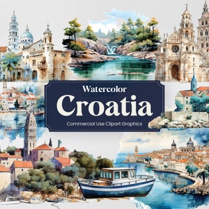 Aquarell Kroatien, 28 kroatische Hrvatska Sehenswürdigkeiten, Reise Urlaub Digitaldruck, Clipart PNG format transparenten Hintergrund kommerzielle Nutzung