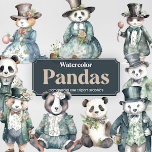 Aquarel Panda in Dress Clipart, 20 schattige illustraties, Animal Digital Prints, PNG-formaat met transparante achtergrond voor commercieel gebruik