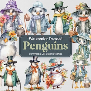 Pingüinos de acuarela en vestidos y ropa, 22 adorables pingüinos estampados de animales digitales, formato PNG Fondo transparente uso comercial