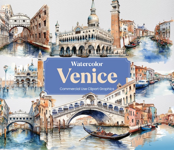 Watercolor Venice, 28 Venetian Landmarks, Travel Vacation Holiday Digital Print, Clipart PNG format Transparent Background Commercial Use