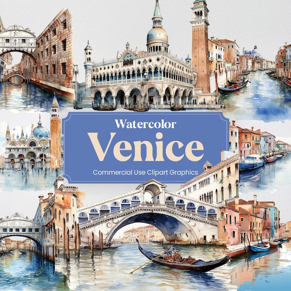 Aquarelle de Venise, 28 monuments vénitiens, impression numérique de voyage vacances vacances, clipart PNG au format fond Transparent usage commercial