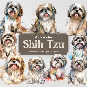 Watercolor Shih Tzu Dog Clipart, 24 Animal Digital Prints, PNG format with Transparent Background for Commercial Use