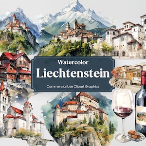 Acuarela Liechtenstein, 48 monumentos de Liechtensteiner, impresión digital de vacaciones de viaje, imágenes prediseñadas PNG fondo transparente uso comercial