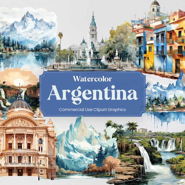 Watercolor Argentina, 33 Argentinian Landmarks, Travel Vacation Digital Print, Clipart PNG format Transparent Background Commercial Use