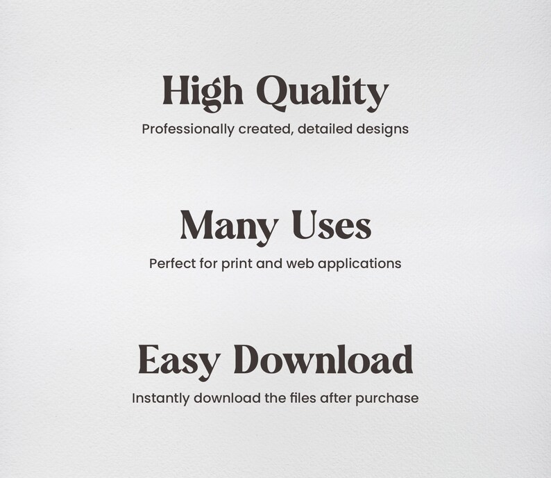 K&ouml;nnte beinhalten: Textgrafik auf wei&szlig;em Hintergrund mit den Worten "Hohe Qualit&auml;t", "Professionell erstellt, detaillierte Designs", "Vielf&auml;ltige Verwendungsm&ouml;glichkeiten", "Perfekt f&uuml;r Druck und Webanwendungen", "Einfacher Download", und "Laden Sie die Dateien sofort nach dem Kauf herunter".
