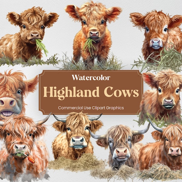 Watercolor Highland Cow, 29 Scottish Cattle Clipart, Rustic Digital Prints, PNG format with Transparent Background for Commercial Use