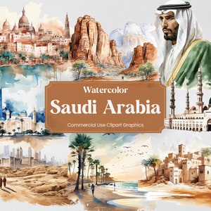 Watercolor Saudi Arabia, 42 Arabian Landmarks, Travel Vacation Digital Print, Clipart PNG format Transparent Background Commercial Use