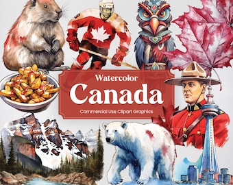 Aquarel Canada, 39 Canadese monumenten, vakantie vakantie digitale print, clipart PNG-formaat transparante achtergrond commercieel gebruik