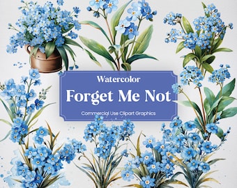 May include: Watercolor illustrations of forget-me-not flowers in various arrangements. The flowers are a vibrant blue with green leaves. The text "Watercolor Forget Me Not" and "Commercial Use Clipart Graphics" is displayed on a purple banner.