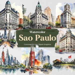 Watercolor Sao Paulo, 20+ Paulistano , Landmarks, Travel Vacation Holiday Digital Print, Clipart PNG Transparent Background Commercial Use
