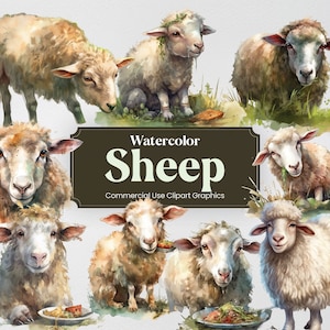 Pecore dell'acquerello, 44 clipart di animali da fattoria, pecorelle, stampe digitali del fienile, formato PNG con sfondo trasparente per uso commerciale