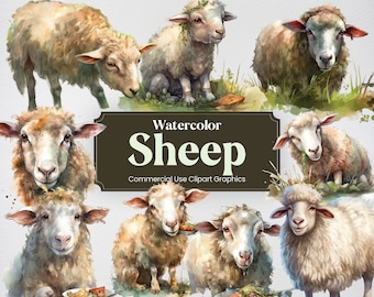Watercolor Sheep, 44 Farm Animal Clipart, Baby Sheep, Barn Digital Prints, PNG format with Transparent Background for Commercial Use