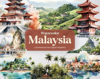 Watercolor Malaysia, 31 Malaysian Landmarks, Travel Vacation Holiday Digital Print, Clipart PNG format Transparent Background Commercial Use