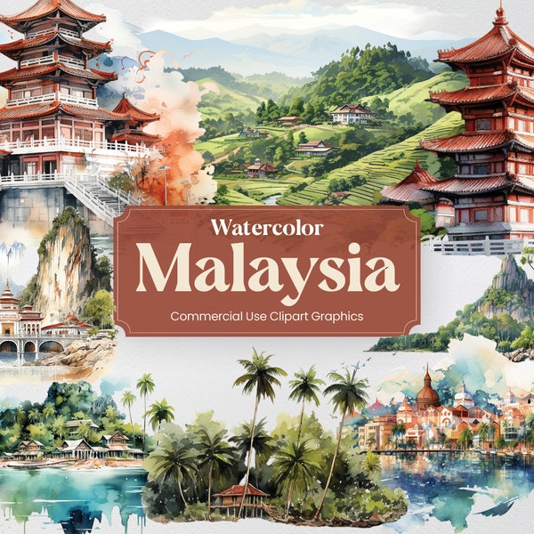 Watercolor Malaysia, 31 Malaysian Landmarks, Travel Vacation Holiday Digital Print, Clipart PNG format Transparent Background Commercial Use