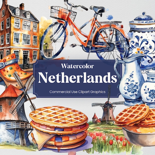 Acuarela Países Bajos, 36 monumentos holandeses, viajes vacaciones impresión digital, formato PNG clipart fondo transparente uso comercial