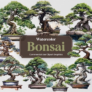Watercolor Bonsai, 27 Bonsais Plants Flowers Trees Flora Vegetation Greens Digital Print, Clipart PNG Transparent Background Commercial Use