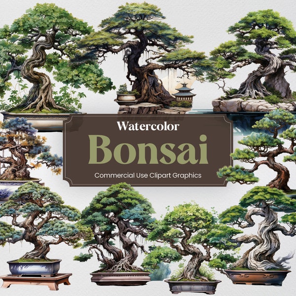 Watercolor Bonsai, 27 Bonsais Plants Flowers Trees Flora Vegetation Greens Digital Print, Clipart PNG Transparent Background Commercial Use