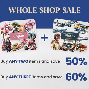 Pode incluir: Um an&uacute;ncio de venda para ilustra&ccedil;&otilde;es de aquarela do Jap&atilde;o e avi&otilde;es. Compre dois itens e economize 50%, ou compre tr&ecirc;s itens e economize 60%.