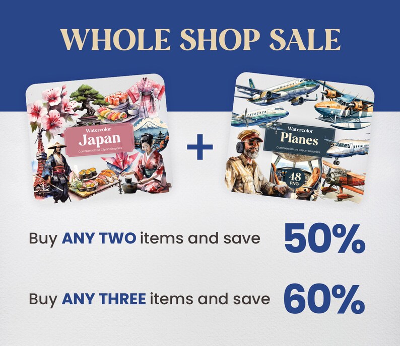 Pode incluir: Um an&uacute;ncio de venda para ilustra&ccedil;&otilde;es de aquarela do Jap&atilde;o e avi&otilde;es. Compre dois itens e economize 50%, ou compre tr&ecirc;s itens e economize 60%.