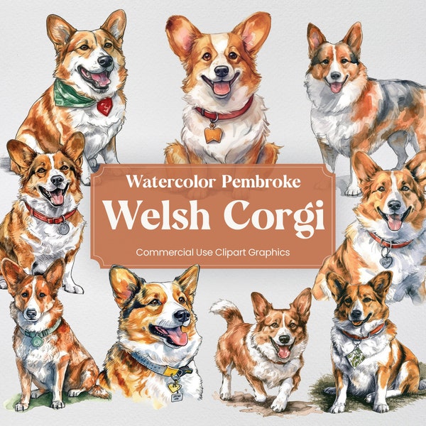 Watercolor Pembroke Welsh Corgi Dog Clipart, 24 Animal Digital Prints, PNG format with Transparent Background for Commercial Use