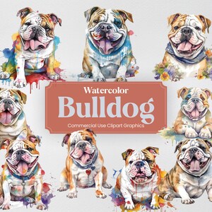 Watercolor Bulldog Clipart, 23 Animal Digital Clip Art, PNG format with Transparent Background for Commercial Use