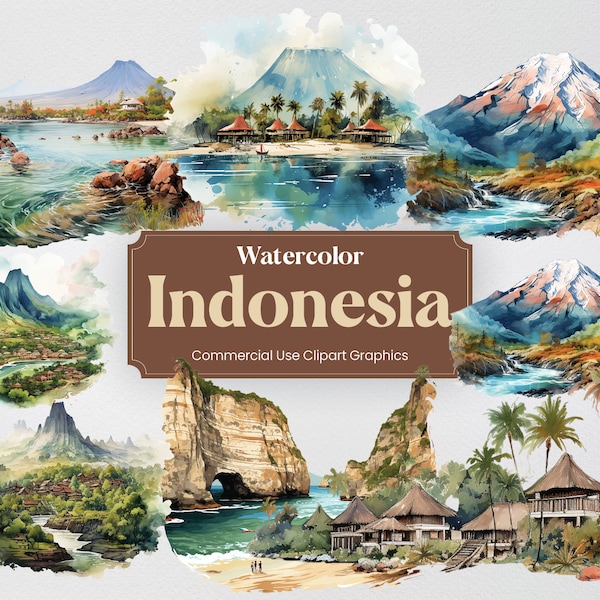 Aquarel Indonesië, 16 Indonesische monumenten, reisvakantie digitale print, clipart PNG-formaat transparante achtergrond commercieel gebruik