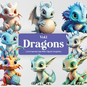 Niedliche Baby Drache 3D Clipart, 8 Fantasy Kreatur Clip Art, PNG format mit transparentem Hintergrund für kommerzielle Nutzung