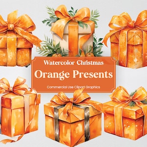 May include: Five watercolor illustrations of orange gift boxes with orange bows. The boxes are tied with ribbons and have a watercolor texture. The text "Watercolor Christmas Orange Presents Commercial Use Clipart Graphics" is at the bottom of the image.