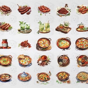 May include: A watercolor illustration of various food items, including sausages, eggs, spices, and vegetables. The illustration is set against a light gray background with a pattern of stylized bread slices.