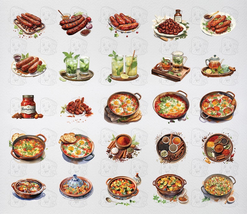 May include: A watercolor illustration of various food items, including sausages, eggs, spices, and vegetables. The illustration is set against a light gray background with a pattern of stylized bread slices.