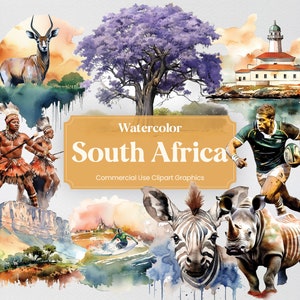 Watercolor South Africa, 32 South African Landmarks, Travel Vacation Digital Print, Clipart PNG format Transparent Background Commercial Use