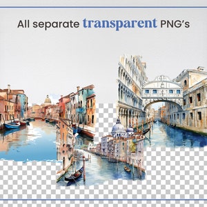 May include: Watercolor painting of a canal in Venice, Italy. The painting features a bridge, buildings, and gondolas. The painting is done in a realistic style and has a soft, dreamy feel.