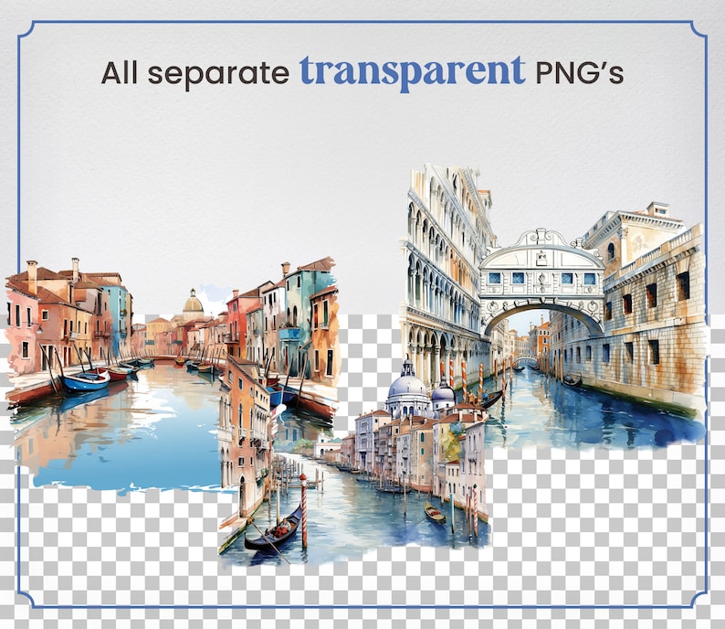 May include: Watercolor painting of a canal in Venice, Italy. The painting features a bridge, buildings, and gondolas. The painting is done in a realistic style and has a soft, dreamy feel.