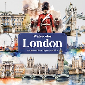 Aquarel Londen, 33 Londense bezienswaardigheden, reizen vakantie vakantie digitale print, clipart PNG-formaat transparante achtergrond commercieel gebruik