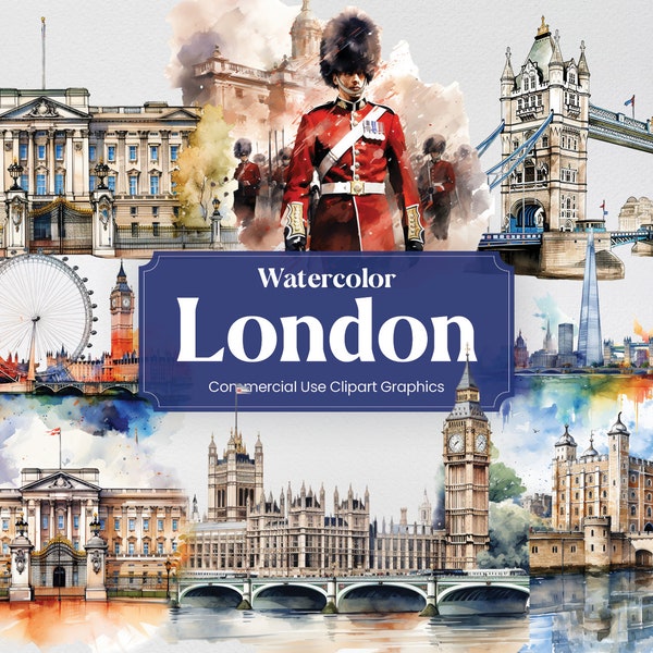 Aquarelle Londres, 33 monuments londoniens, voyage vacances vacances impression numérique, format PNG Clipart fond transparent utilisation commerciale