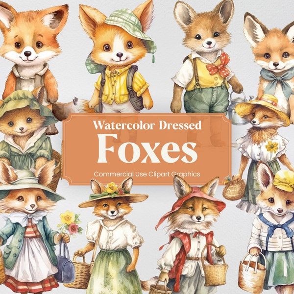 Watercolor Fox in Dress, 25 Cute Foxes in Clothes Clipart, Digital Prints, PNG format Transparent Background Commercial Use