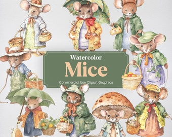 Watercolor Mouse in Dress, 25 Cute Mice Clipart, Animal Digital Prints, PNG format with Transparent Background for Commercial Use