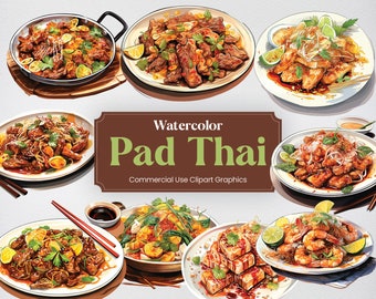 Watercolor Pad Thai, 28 Thai Cuisine, Food Culture Culinary Eating Digital Print, Clipart PNG Transparent Background Commercial Use