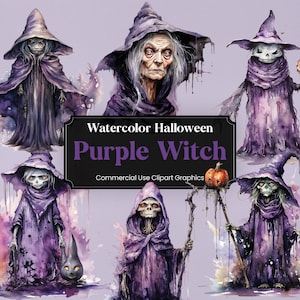 May include: Watercolor illustration of six purple witches with pointed hats and flowing robes. The witches are in various poses, some holding staffs and others holding pumpkins. The background is a light purple with watercolor splatters.
