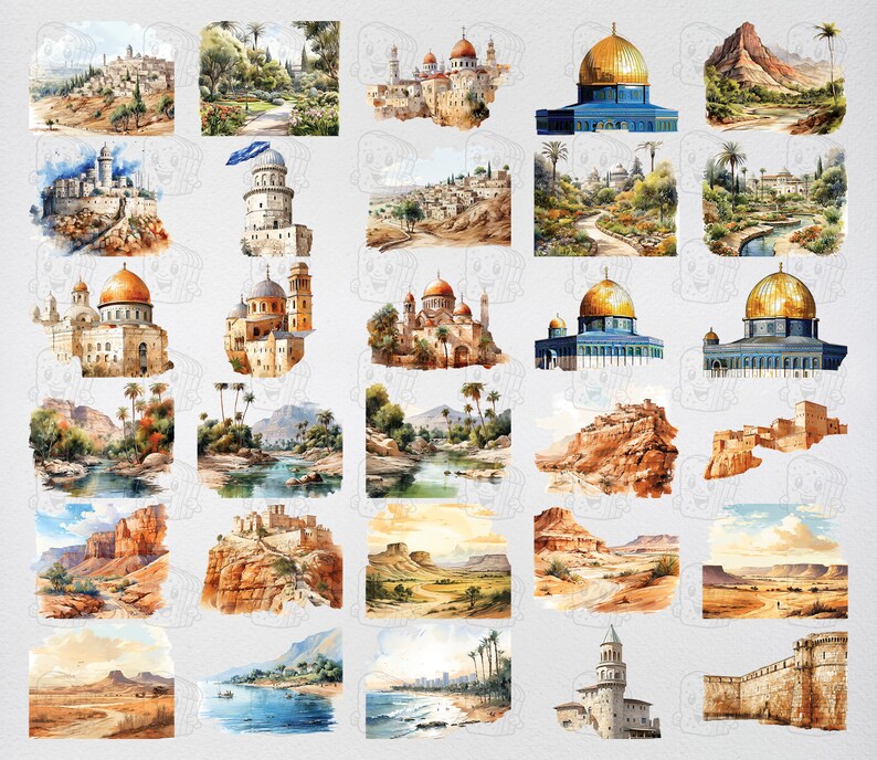 Watercolor Israel, 30 Israeli Landmarks, Travel Vacation Holiday Digital Print, Clipart PNG ...