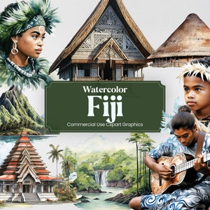 Watercolor Fiji, 45 Fijian Landmarks, Travel Vacation Holiday Digital Print, Clipart PNG format Transparent Background Commercial Use