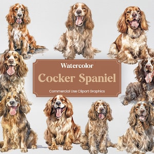 Watercolor Cocker Spaniel Dog Clipart, 23 Animal Digital Clip Art, PNG format with Transparent Background for Commercial Use