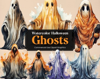 Watercolor Halloween Ghost, 12 Spooky Clipart, Scary H'ween Digital Print, Clipart PNG Transparent Background Commercial Use