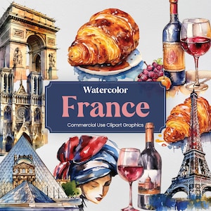 Aquarell Frankreich, 24 französische Sehenswürdigkeiten, Reisen Urlaub Urlaub Digitaldruck, Clipart PNG format Transparenter Hintergrund kommerzielle Nutzung