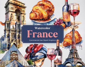 Watercolor France, 24 French Landmarks, Travel Vacation Holiday Digital Print, Clipart PNG format Transparent Background Commercial Use