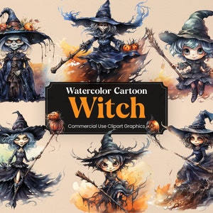 May include: Set of five watercolor illustrations of cartoon witches with black pointed hats, broomsticks, and pumpkins. The witches have blue and brown hair and are wearing black dresses. The background is a light orange color with black and orange splatters.