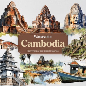 Aquarell Kambodscha, 57 kambodschanischen Sehenswürdigkeiten, Reise Urlaub Urlaub Digitaldruck, Clipart PNG format Transparenten Hintergrund kommerzielle Nutzung