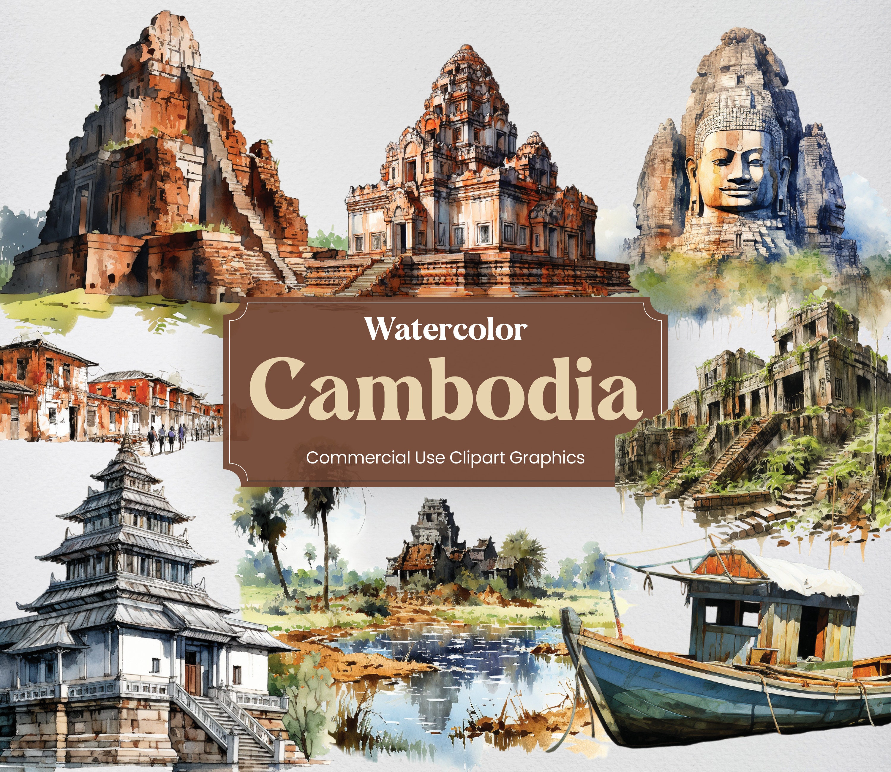 郵送買取 新品5台以上送料無料キャンペーン中！！  Watercolor Cambodia, 57 Cambodian Landmarks, Travel Vacation 絵画+タペストリー