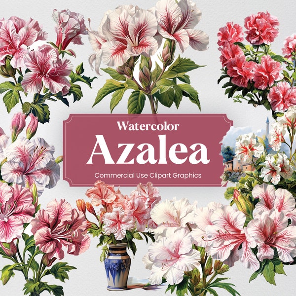 Watercolor Azalea, 29 Azaleas Spring Plants Flowers Flora Vegetation Greens Digital Print, Clipart PNG Transparent Background Commercial Use